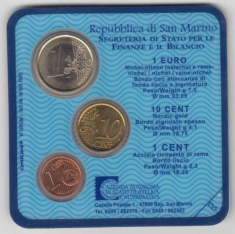 Набор монет Евро Сан-Марино 2004 год 3 монеты (1 Евро, 1 и 10 Евроцентов), AU, В блистере